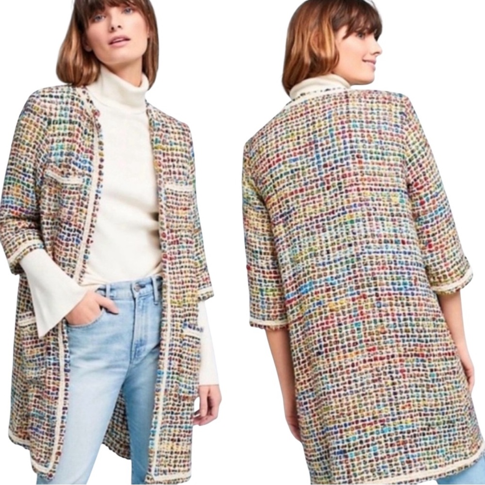 Anthropologie Multicolor Tweed Open-Front Coat